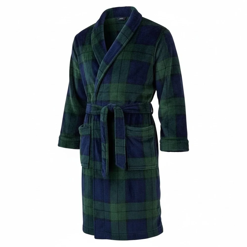Club Room mens Navy / Hunter Green Plaid Belted Plush Pajama Robe S/M